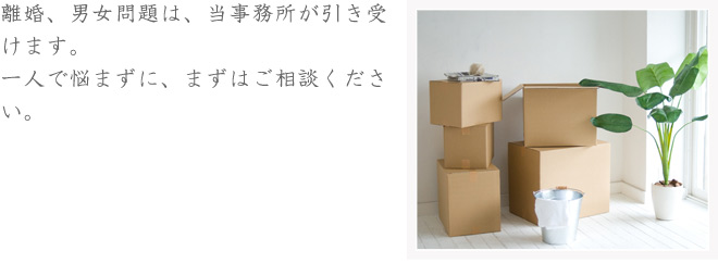 離婚、男女問題は、当事務所が引き受けます。一人で悩まずに、まずはご相談ください。